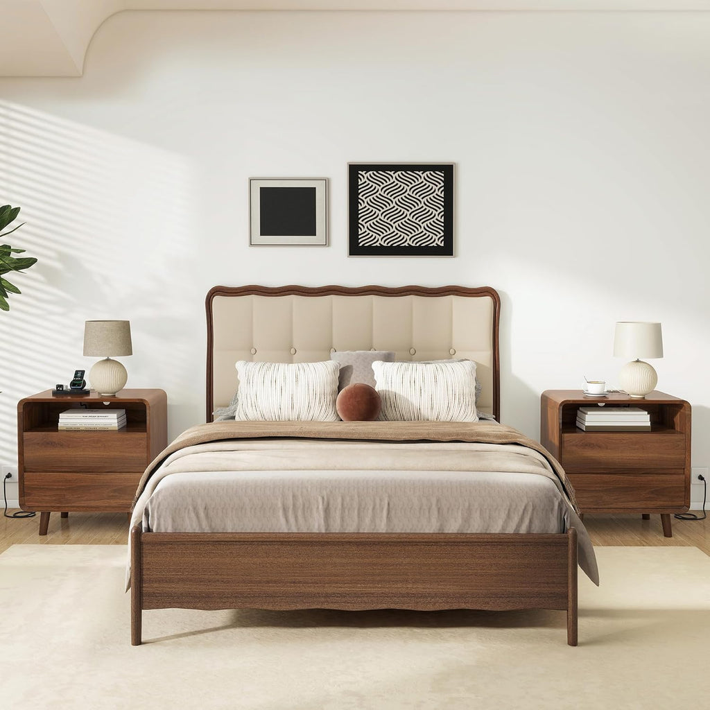 Nasonet Mid Century Modern Nightstand with Charging Station, Wood Bedroom End Tables Set of 2 Nightstands with Drawers, Bedside Table for Living Room, Curved Profile Design, Walnut