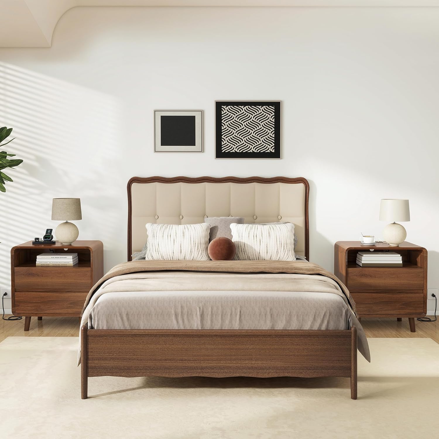 Nasonet Mid Century Modern Nightstand with Charging Station, Wood Bedroom End Tables Set of 2 Nightstands with Drawers, Bedside Table for Living Room, Curved Profile Design, Walnut