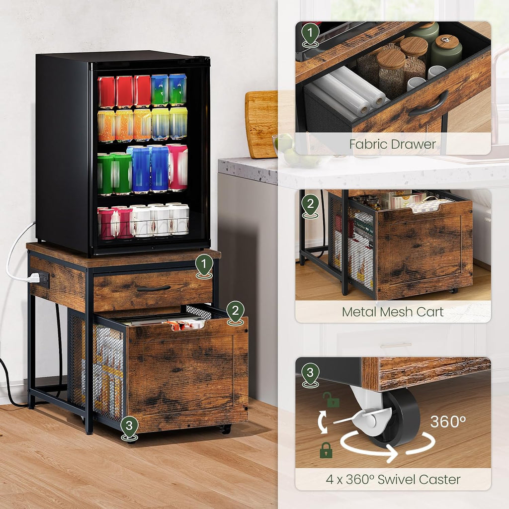 CHOEZON Round Side Table, 2-Tier End Table, Small Round Nightstand, Mini Fridge Stand with Power Outlet, Large Side Table with Fabric Drawer for Dorm, Kitchen, Living Room TBZ01BF-TBZ56UBF