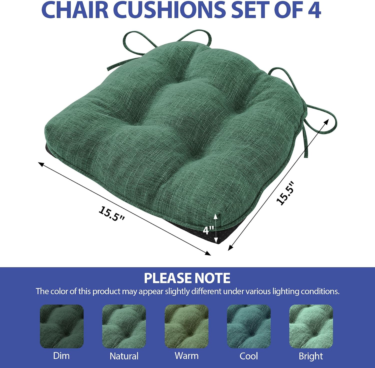 IPYNBAP Chair Cushions for Dining Chairs Set of 4, Kitchen Chair Cushions, Chair Pads with Ties Non Slip Backing, Christmas Room Decor, Tufted Memory Foam Seat Cushion 4 Pack, 15.5x15.5x4, Dark Green