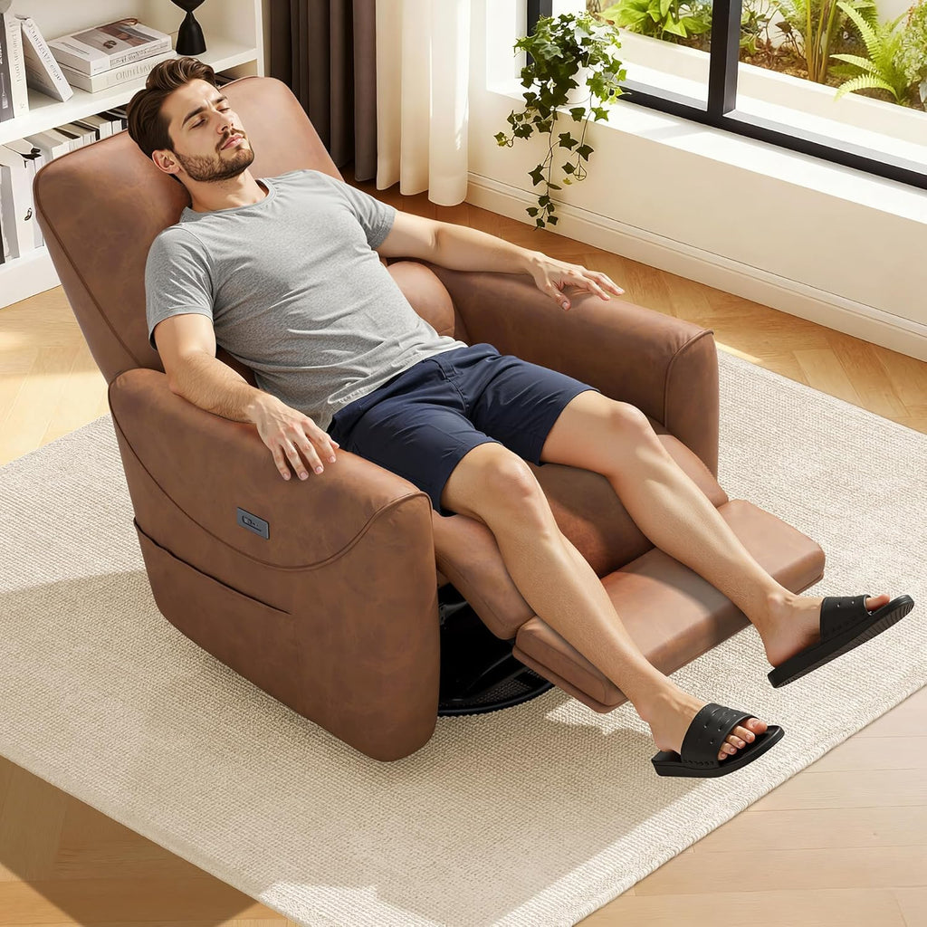 KINGYES Nursery Recliner Rocking Chair, 270° Swivel Glider, with Bluetooth Speaker & USB-C Port, Faux Leather Nursery Rocking Chair, Brown