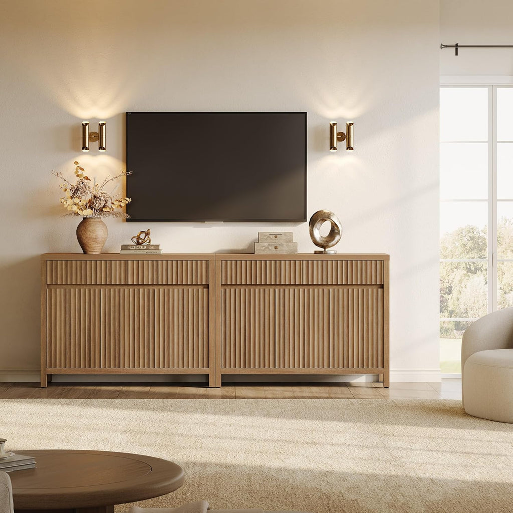 SICOTAS Fluted Sideboard Buffet Cabinet with Storage – Extra Large Credenza Accent Cabinet with 2 Drawers and 3 Doors, 84" Modern Entryway Cabinet Console with Adjustable Shelves for Living Room