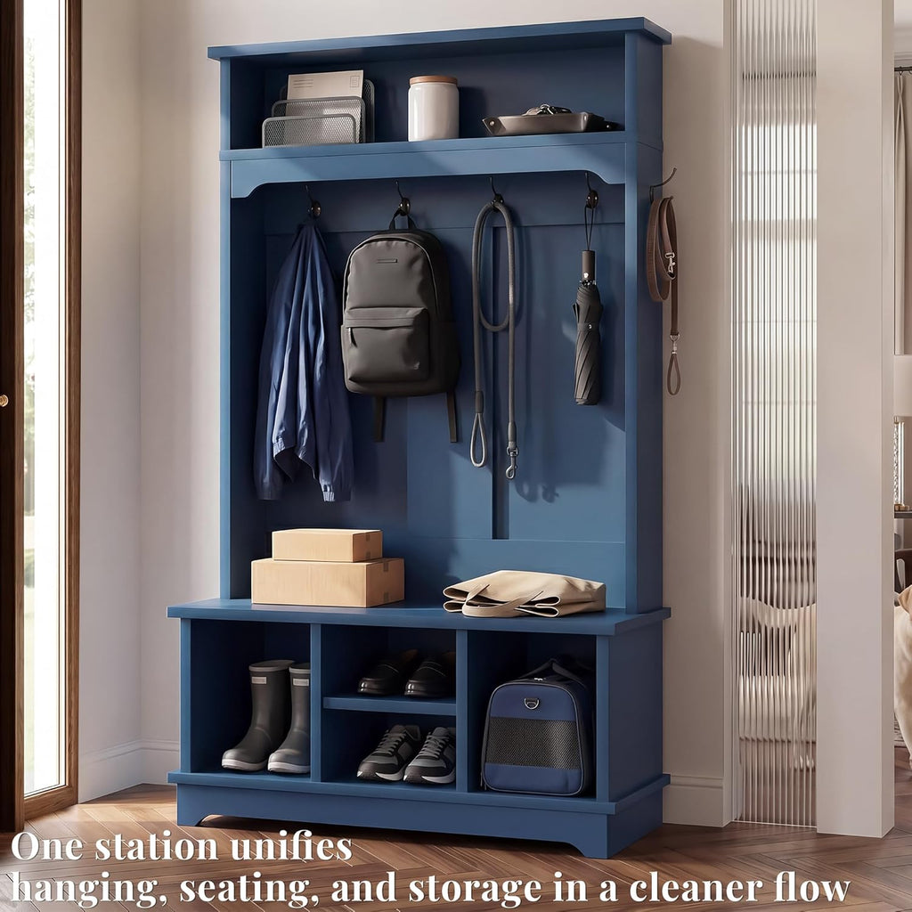 Hall Tree with Bench and Shoe Storage, Entryway Hall Tree, Large Mudroom Bench with Coat and Shoe Rack, 5+ Hooks, Multi Shoe Cubbies & Top Shelf, Sturdy Storage Bench,Blue