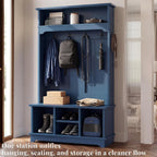 Hall Tree with Bench and Shoe Storage, 6-in-1 Freestanding Entryway Coat Rack with Adjustable Shelf, Multiple Hanging Hooks and 2-Tier Top Storage, Sturdy Wooden Entryway Organizer, Blue