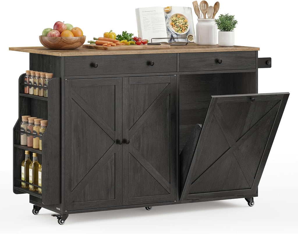 VASAGLE Mobile Kitchen Island with Trash Can Storage, Drop Leaf, Portable Island with Spice Rack, Mobile Cart with Storage Cabinet, for Dining Room, Ink Black and Honey Brown UKKI014BJ01S