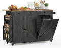 VASAGLE Mobile Kitchen Island with Trash Can Storage, Drop Leaf, Portable Island with Spice Rack, Mobile Cart with Storage Cabinet, for Dining Room, Ink Black and Honey Brown UKKI014BJ01S
