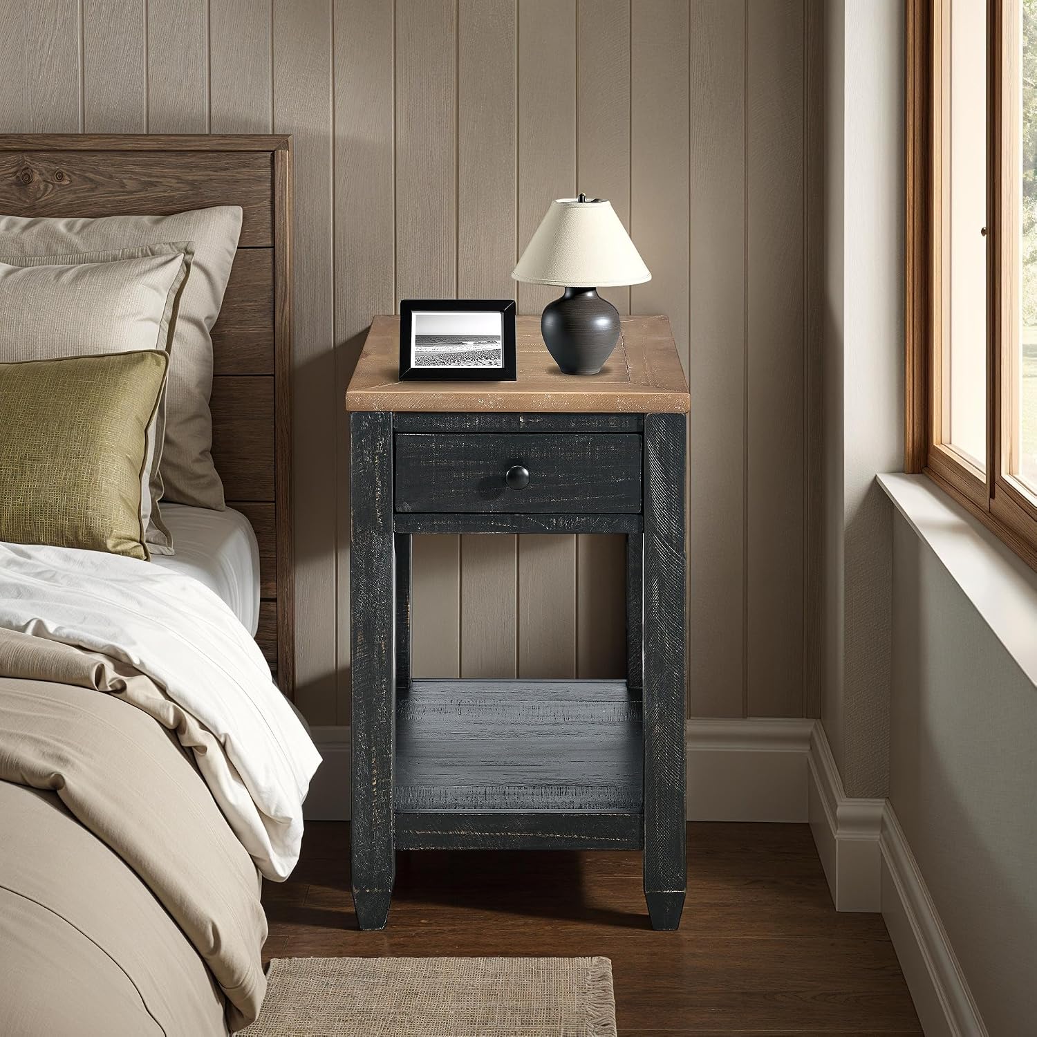 Martin Svensson Home Napa Farmhouse Chairside End Table with Charging Station, Solid Wood Narrow Side Table with Drawer & Shelf, Rustic Accent Table for Living Room or Bedroom. Black and Driftwood.