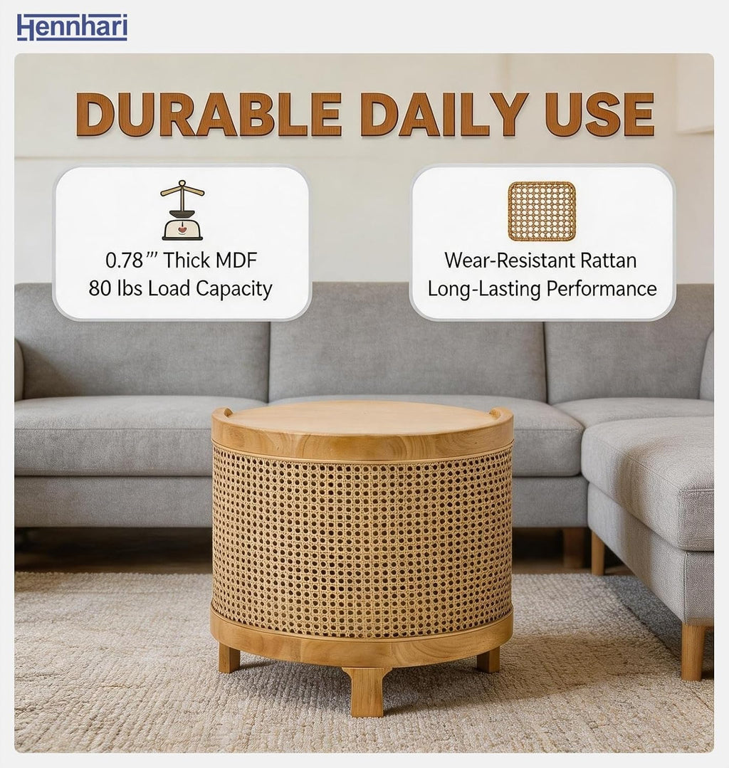 Acacia Wood Rattan Coffee Table, Side Table with Woven Cane Doors, Round End Table with Open Shelf for Bedroom, Living Room, Small Spaces (Antique Brown)