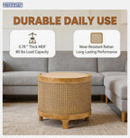 Acacia Wood Rattan Coffee Table, Side Table with Woven Cane Doors, Round End Table with Open Shelf for Bedroom, Living Room, Small Spaces (Antique Brown)