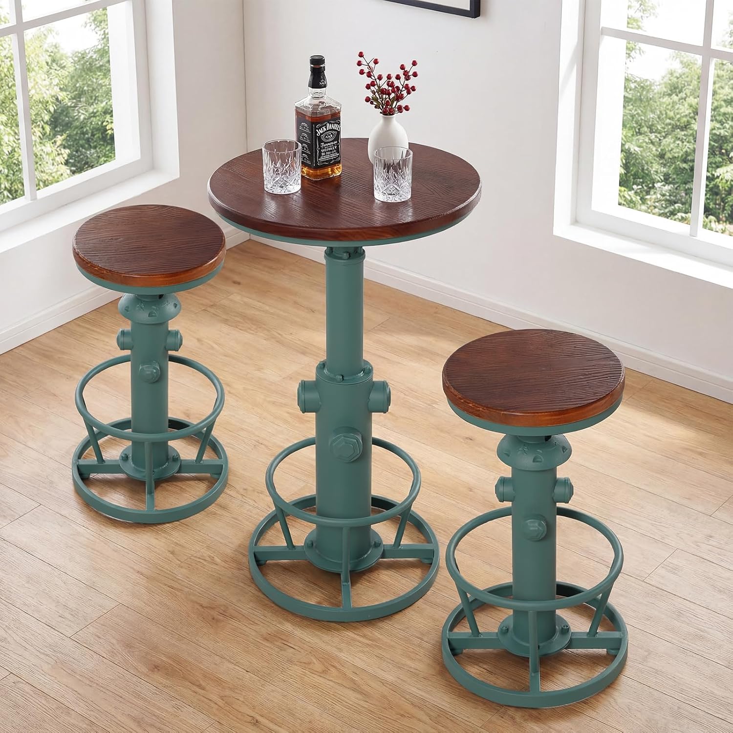 Industrial Bar Table with Round Solid Pine Wood Top, Adjustable Height 38.6-42.5in, Fire Hydrant Design, 360° Swivel, Green