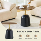 Round Side Table with Walnut Wood Grain Top, Black Metal Base with Gold Accent, Modern Minimalist Coffee Table for Living Room, Bedroom, Office (Walnut)