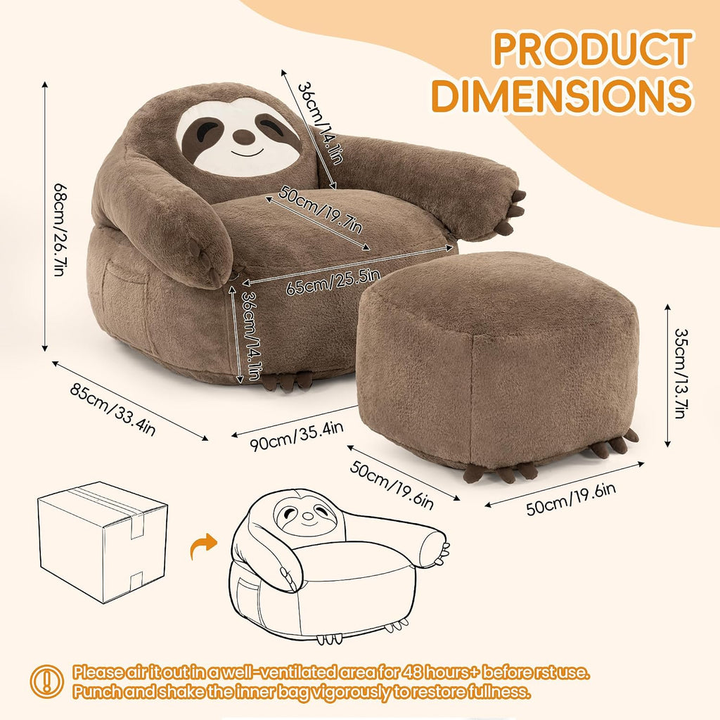 OUTREE Kids Sofa, Giant Sloth Design Bean Bag Chairs for Adults Teen with Sensory Needs, Adjustable Plush Armrest Like a Huggable, Soft Floor Sofa with Footstool‌ for Reading, Relaxing in Living Room