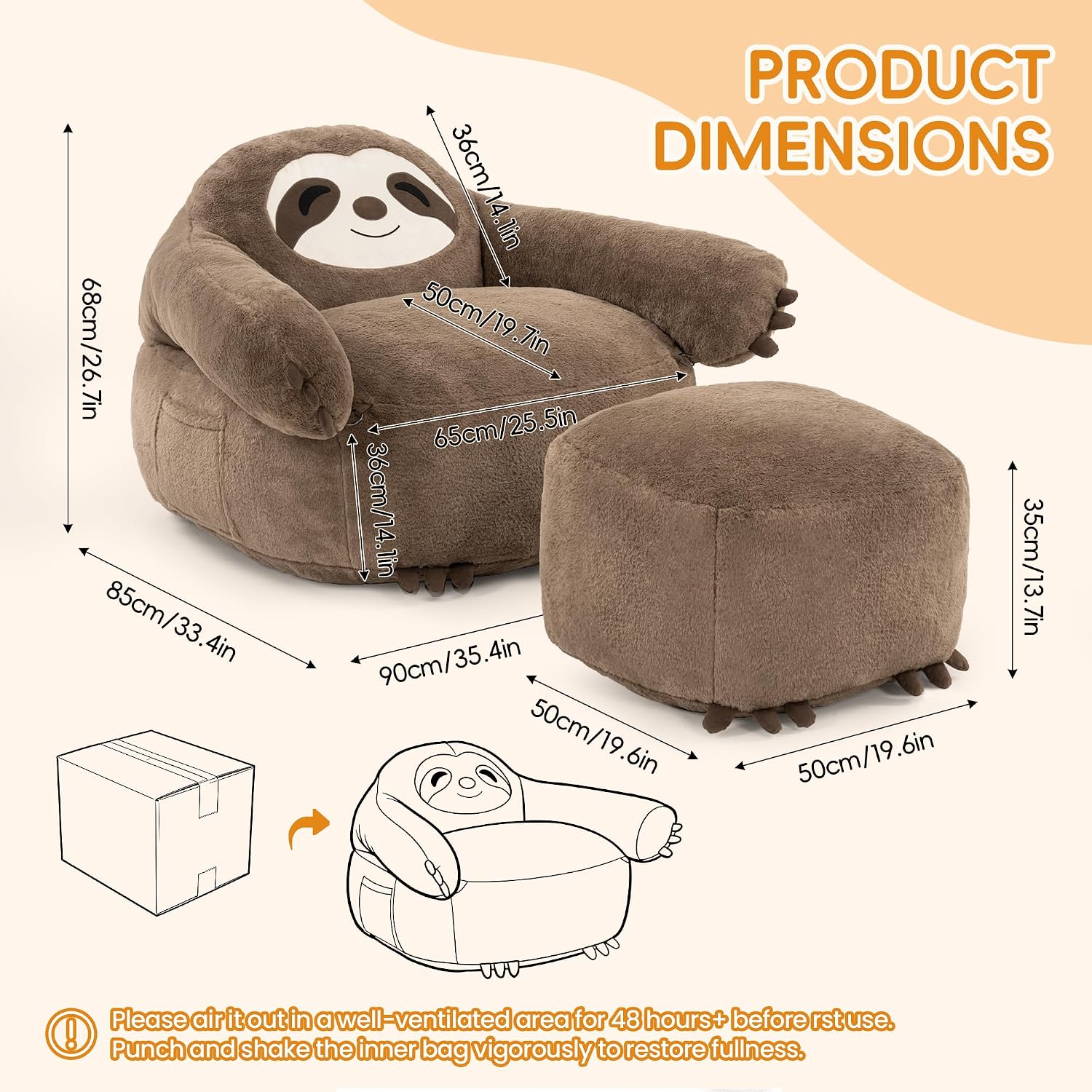 OUTREE Kids Sofa, Giant Sloth Design Bean Bag Chairs for Adults Teen with Sensory Needs, Adjustable Plush Armrest Like a Huggable, Soft Floor Sofa with Footstool‌ for Reading, Relaxing in Living Room