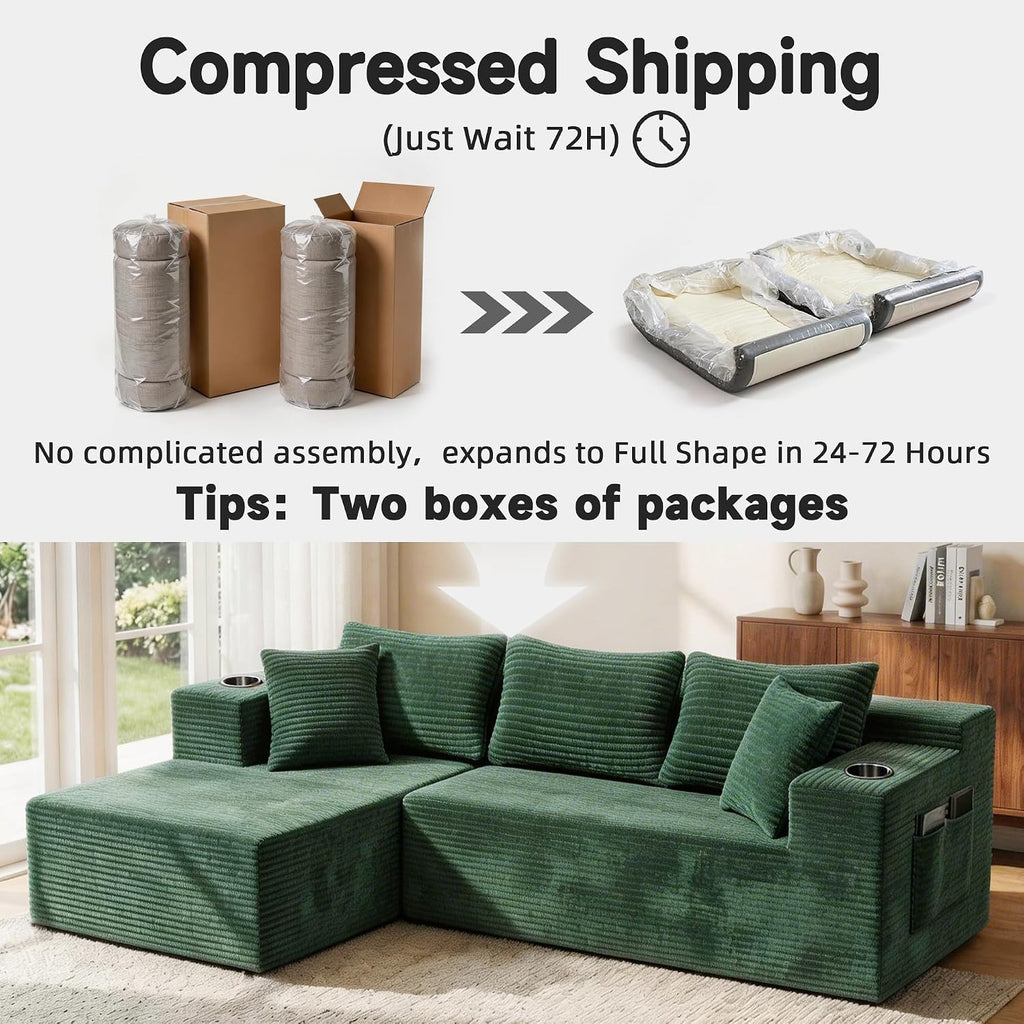 Bashaw 108" Cloud Sectional Boneless Couches Sofa with Chaise, Modular L-Shape Couch Deep Seat Memory Foam Compressed Sofa for Living Room