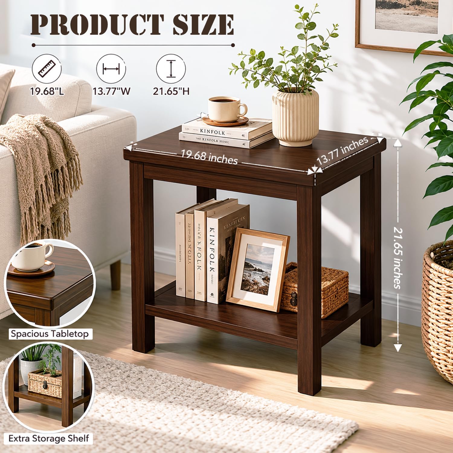 YUNMUARIY-Living Room Side Table,Walnut End Tables,Wood Side Table,Small Square Table for Small Space,13.77 Inches Wide Farmhouse End Tables for Hallway,Bedroom,Corners,Easy Assembly.