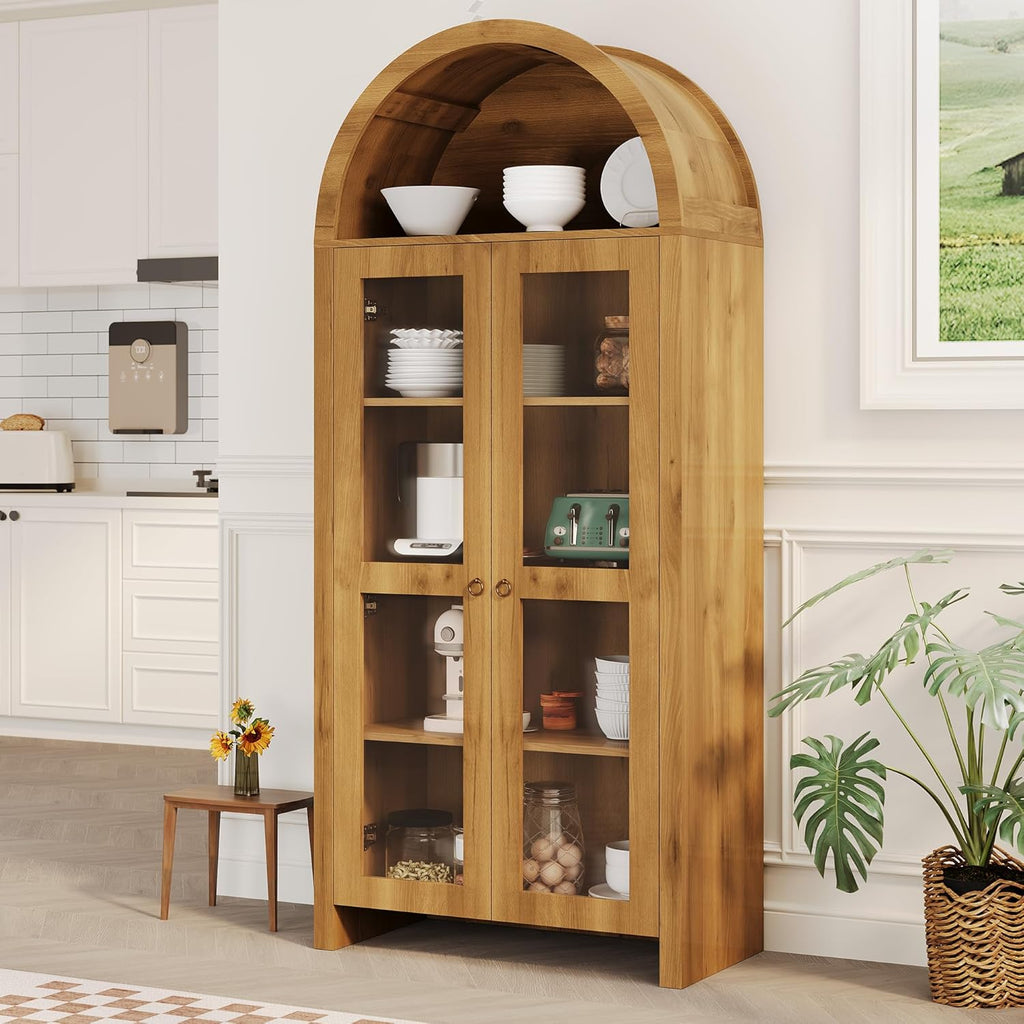 CuisinSmart 70" Tall Arched Storage Cabinet with 2 Acrylic Doors, Wooden Pantry Cabinet with Adjustable Shelves, Modern Accent Bookshelf for Kitchen, Dining Room, Living Room, Laundry, Oak
