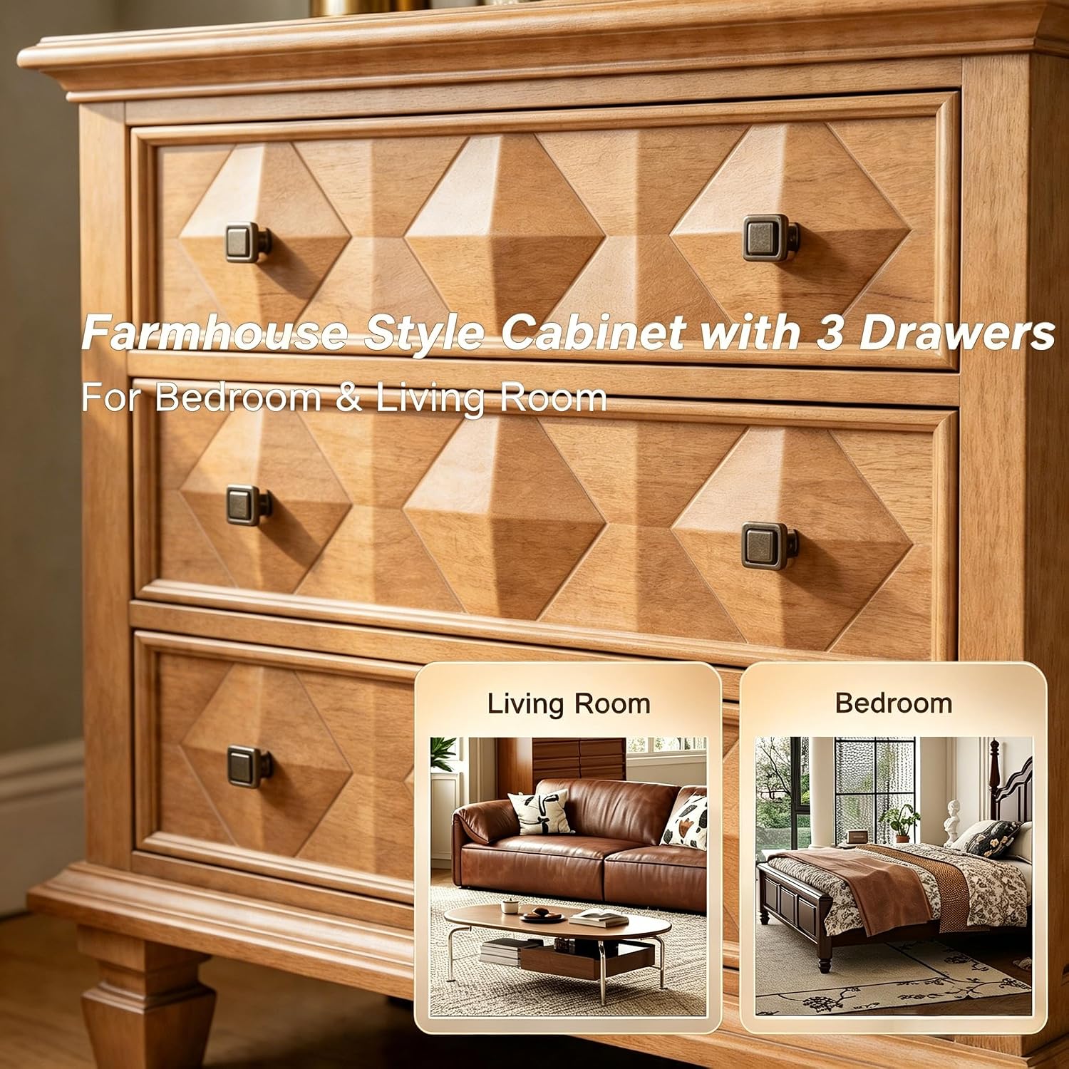 Traditional Geometric Textured Nightstand, 3 Drawer Solid Wood Bedside Table with Carved Front Panels, Rustic End Table for Bedroom Living Room, Apricot