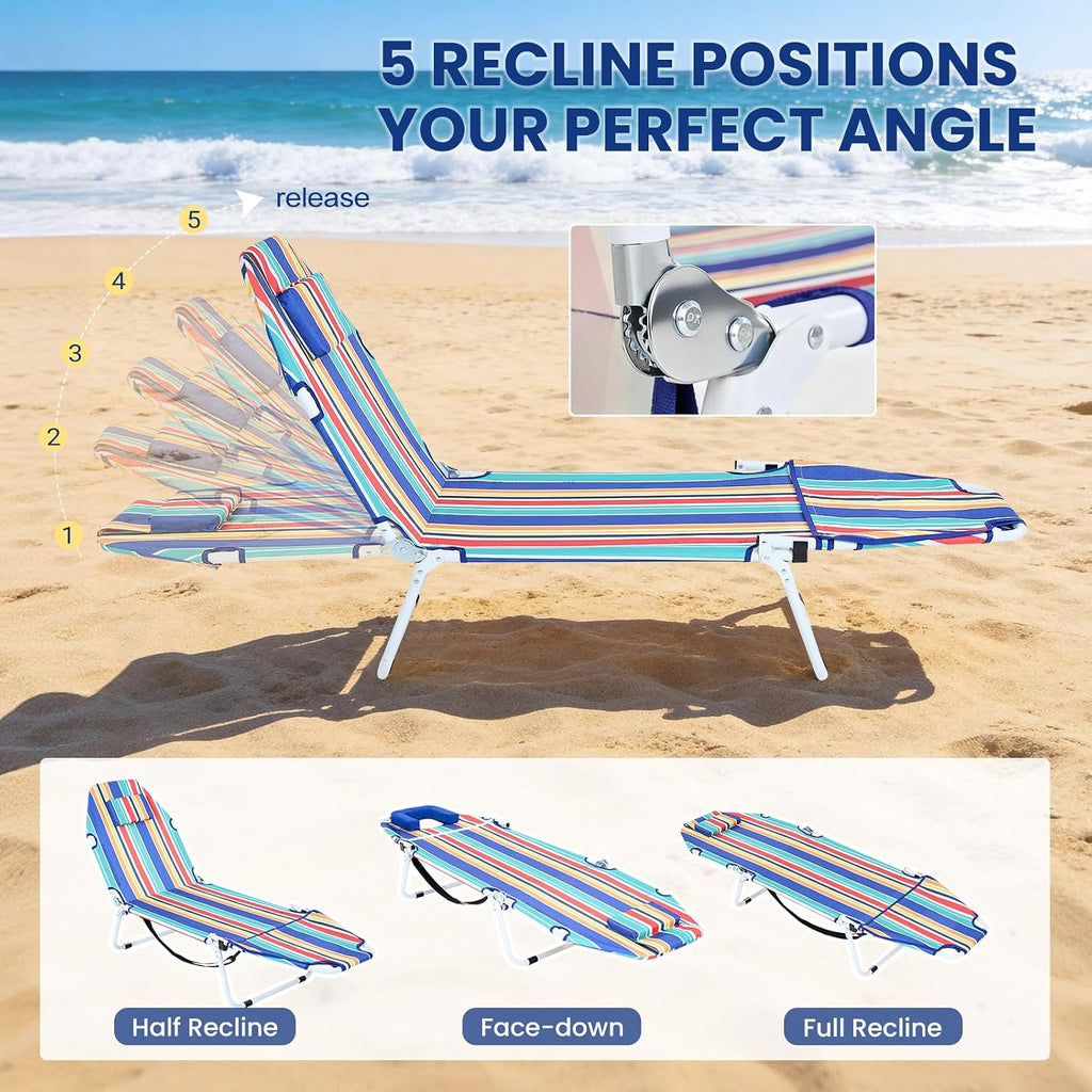 LILYPELLE Folding Chaise Lounge Chair with Mattress, 5 Position Beach Chair with Face Hole, Patio Chaise Lounge Chairs for Outside, Sunbathing, Camping, Pool, Beach, Poolside