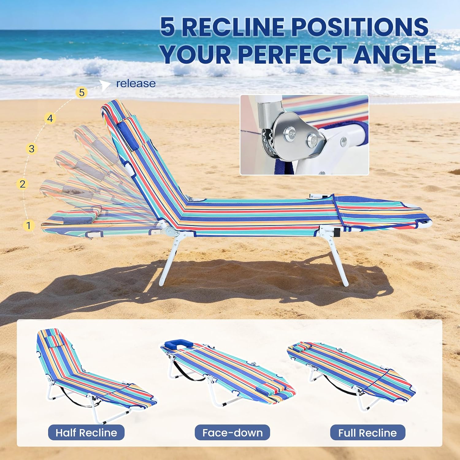 LILYPELLE Tanning Chair with Face Hole, Heavy Duty Outside Lounge Chair with Mattress, Folding Outdoor Face Down Tanning Chairs Arm Hole for Beach Poolside Patio Sunbathing Lawn Camping