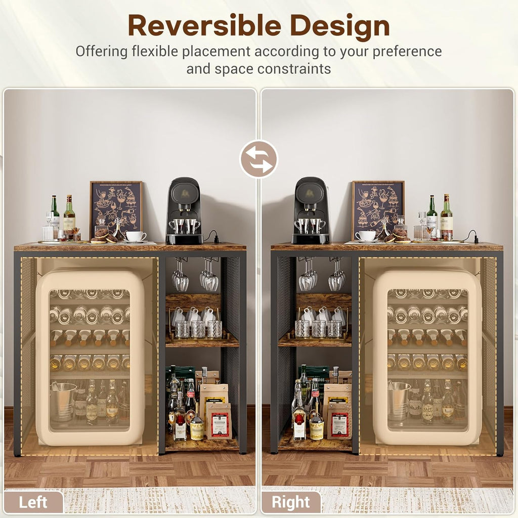 Homieasy Mini Fridge Cabinet with Power Outlet, Coffee Bar Cabinet with Mini Fridge Space, Industrial Liquor Cabinet with Wine Storage & Glass Holder for Dorm, Living Room, Home Kitchen, Rustic Brown