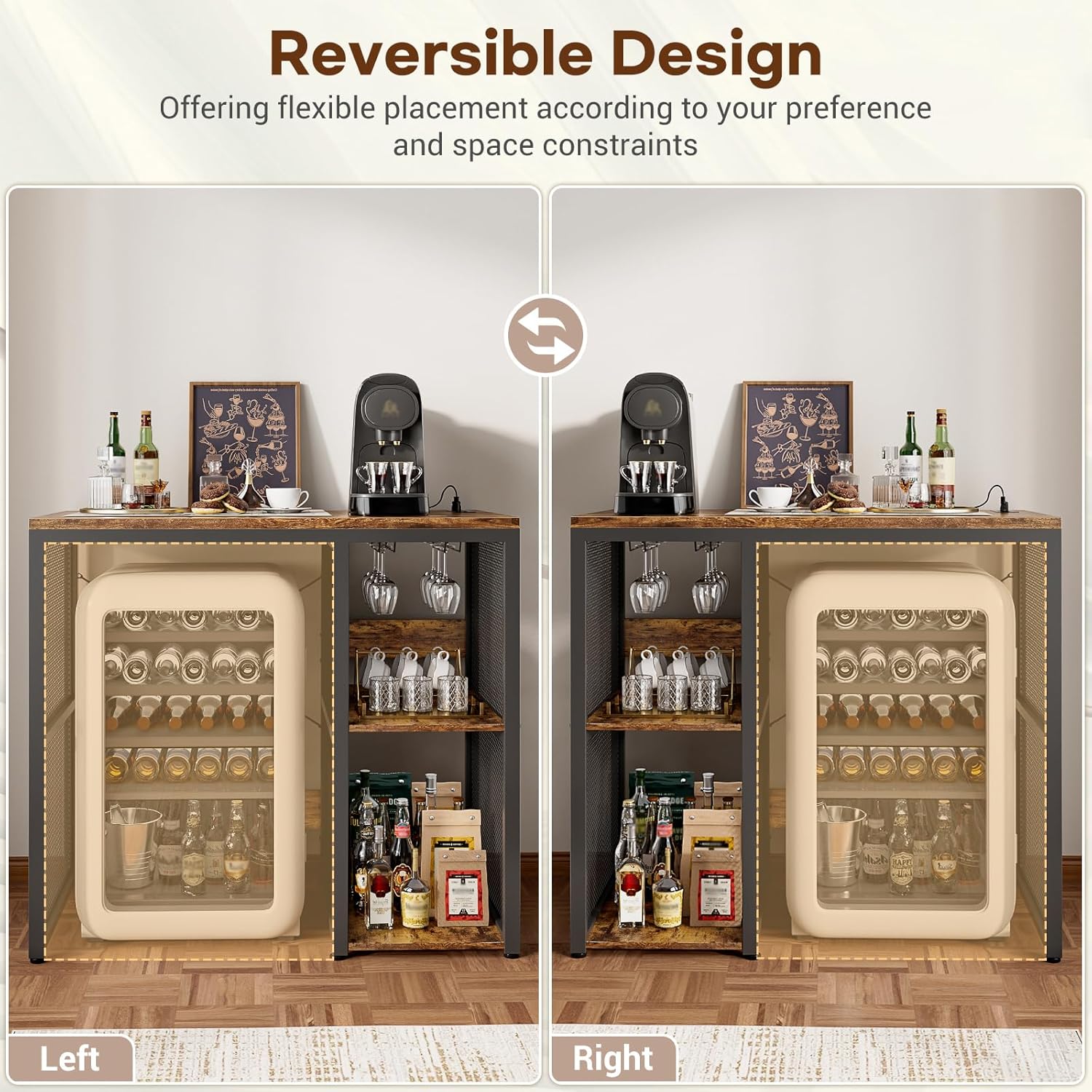 Homieasy Mini Fridge Cabinet with Power Outlet, Coffee Bar Cabinet with Mini Fridge Space, Industrial Liquor Cabinet with Wine Storage & Glass Holder for Dorm, Living Room, Home Kitchen, Rustic Brown