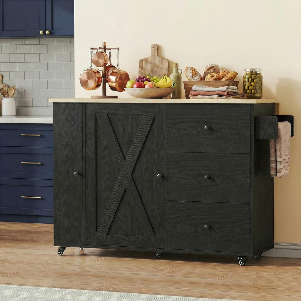 IRONCK Kitchen Island with Storage, 47.2in Rolling Island on Wheels, Kitchen Cart with Drop Leaf, 3 Spacious Drawers, Storage Cabinets and Towel Rack for Home, Dining Room