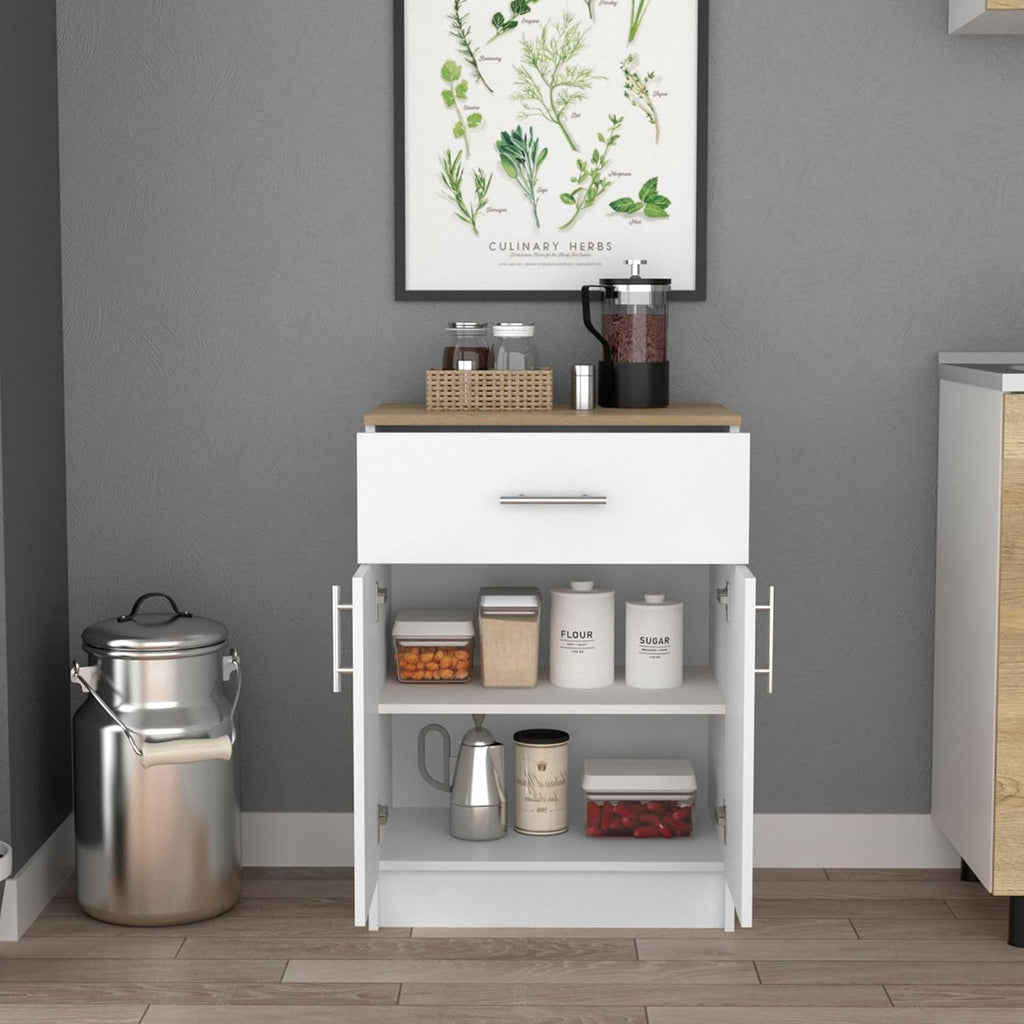 Modern Kitchen Pantry, Storage Cabinet with 1 Drawer, Particle Board, White + Light Oak, for Dining Room, Easy to Clean