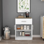 Modern Kitchen Pantry, Storage Cabinet with 1 Drawer, Particle Board, White + Light Oak, for Dining Room, Easy to Clean