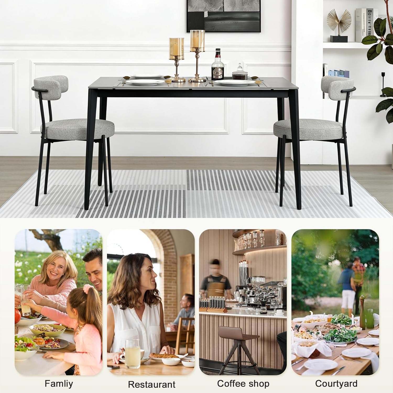 Boucle Dining Chairs Set of 2, Round Kitchen Chairs with Curved Backrest and Metal Legs, Upholstered Modern Style, Suitable for Living Room