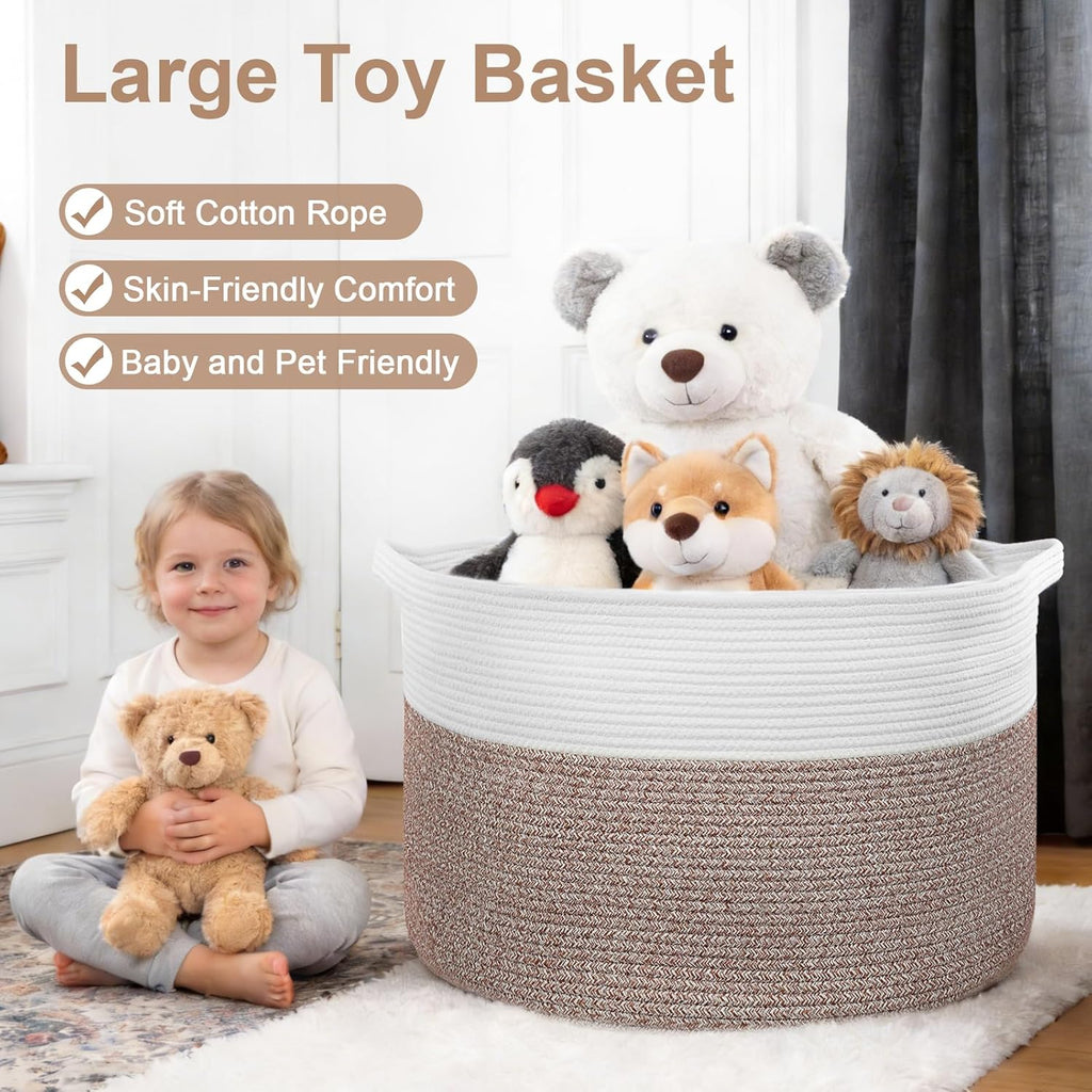 90L Extra Large Blanket Basket for Living Room - Cotton Rope Laundry Hamper Woven Baskets XXL Storage Bin with Handles for Dirty Clothes, Kids, Pets, Toys, Bedroom, 23'' x 23'' x 13'', White & Brown