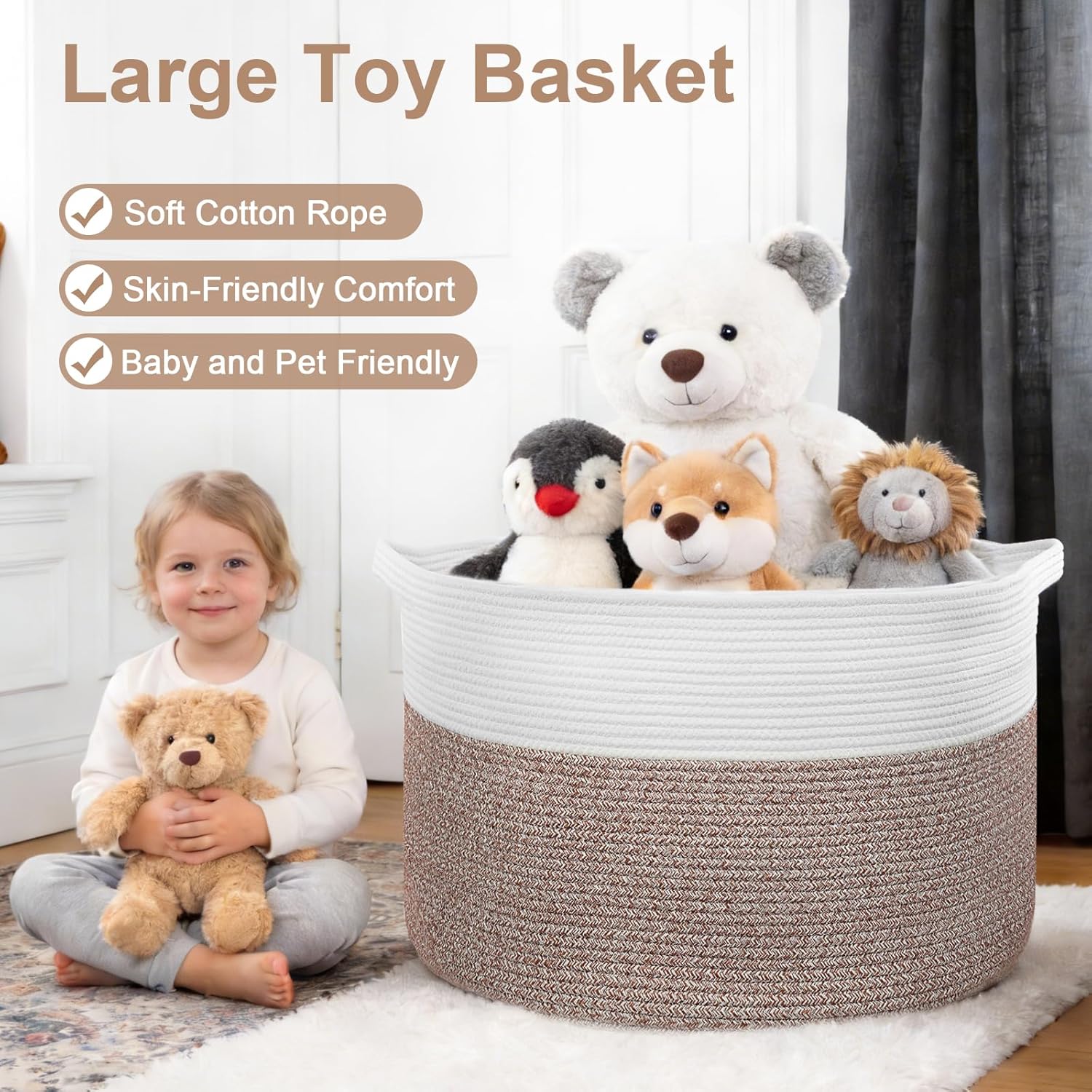90L Extra Large Blanket Basket for Living Room - Cotton Rope Laundry Hamper Woven Baskets XXL Storage Bin with Handles for Dirty Clothes, Kids, Pets, Toys, Bedroom, 23'' x 23'' x 13'', White & Brown
