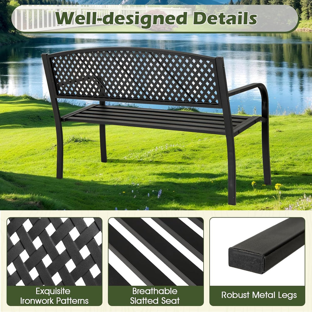 Giantex Metal Outdoor Bench with Mesh Pattern Backrest, Curved Armrests, Load 660Lbs, Slatted Seat for 2-3 Persons, Heavy-Duty Garden Bench for Patio, Backyard, Poolside, Porch, Park (50"×24"×33.5")