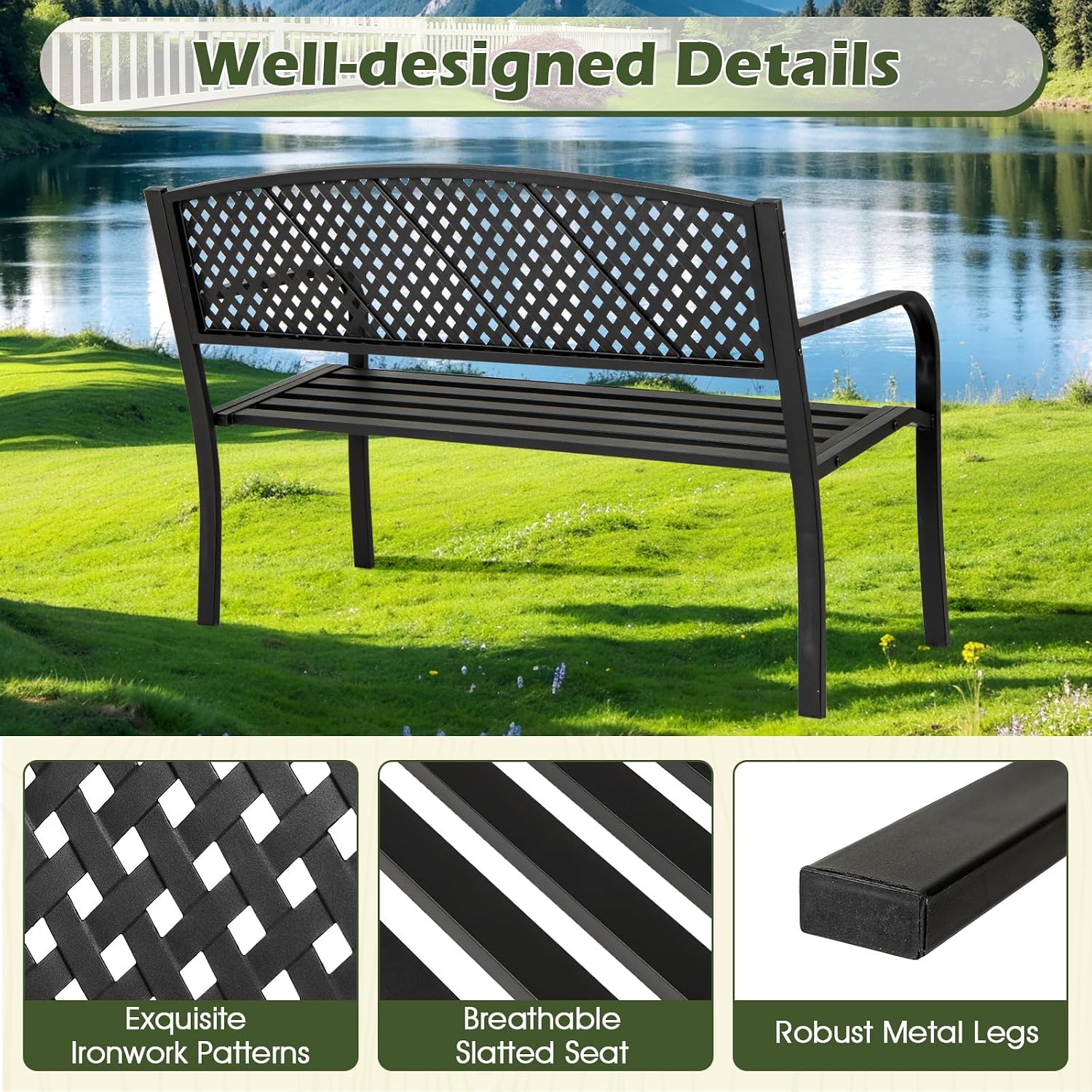 Giantex Metal Outdoor Bench with Mesh Pattern Backrest, Curved Armrests, Load 660Lbs, Slatted Seat for 2-3 Persons, Heavy-Duty Garden Bench for Patio, Backyard, Poolside, Porch, Park (50"×24"×33.5")