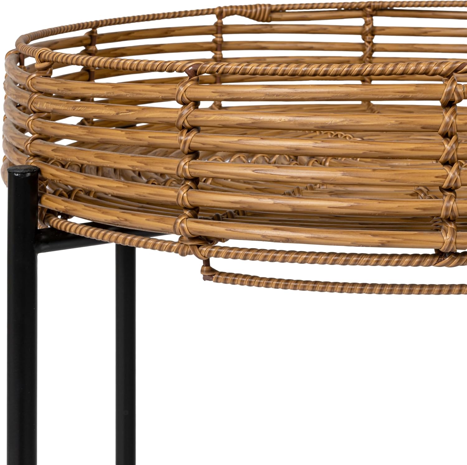 JONATHAN Y Malia 23" Round Faux Rattan Tray Top End Table, Bohemian Woven Accent Side Table with Black Metal Cross Base, Nightstand for Living Room and Bedroom, Brown and Black TBL2509B