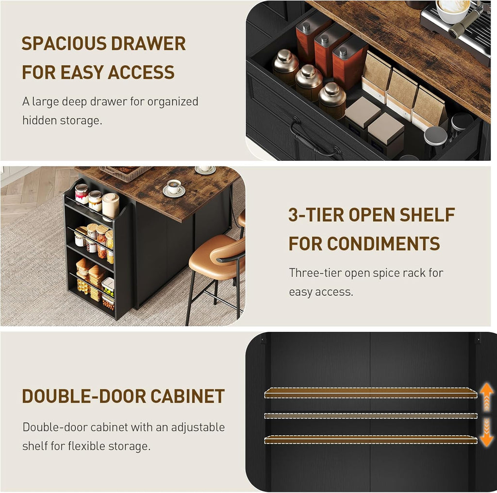 RALGEND Kitchen Island with Power Outlet & Drop Leaf, Mobile Rolling Cart with Trash Can Storage, 3-Tier Spice Rack, Island Table for Kitchen, Dining Room, Black and Rustic Brown