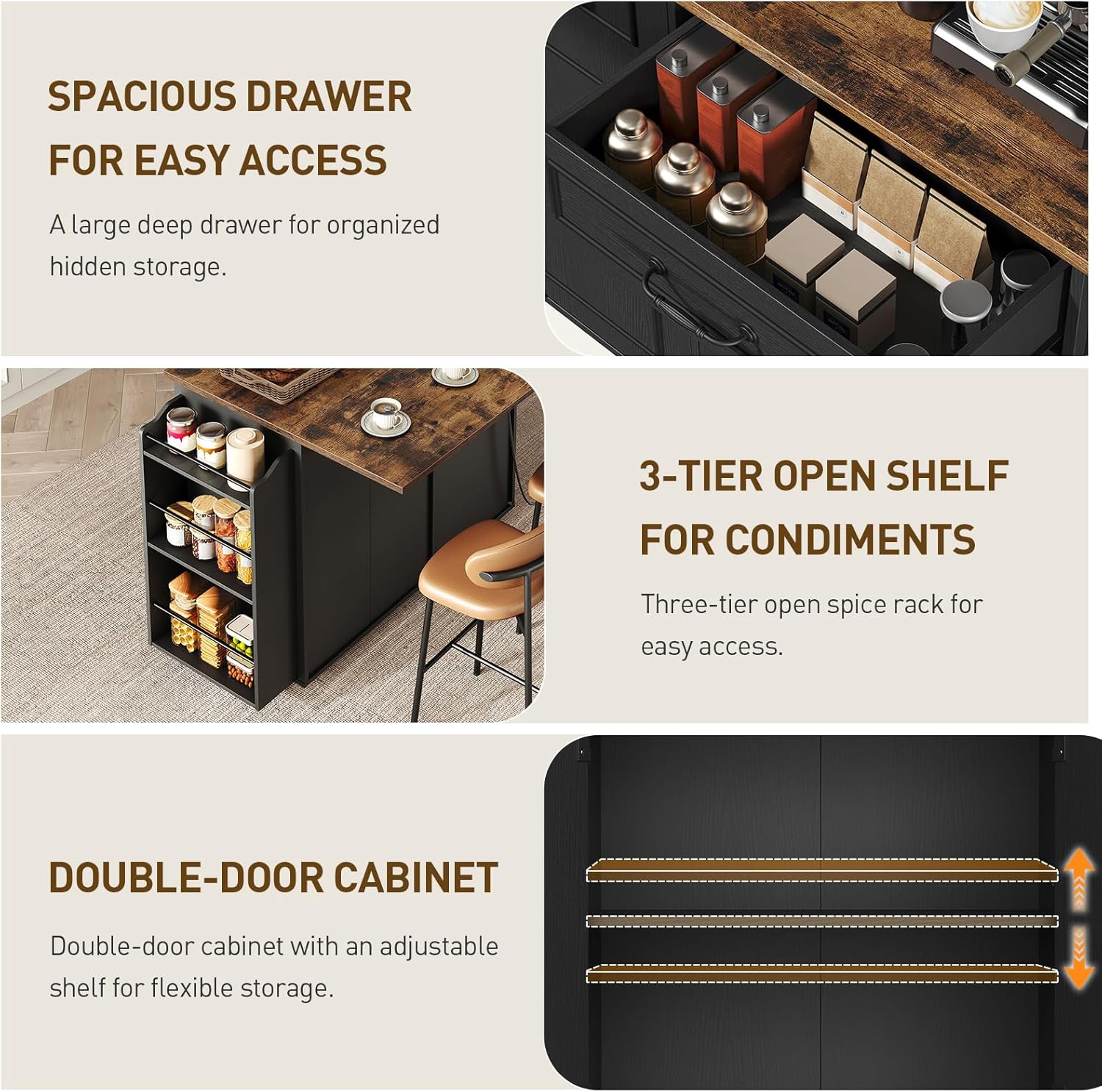 RALGEND Kitchen Island with Power Outlet & Drop Leaf, Mobile Rolling Cart with Trash Can Storage, 3-Tier Spice Rack, Island Table for Kitchen, Dining Room, Black and Rustic Brown