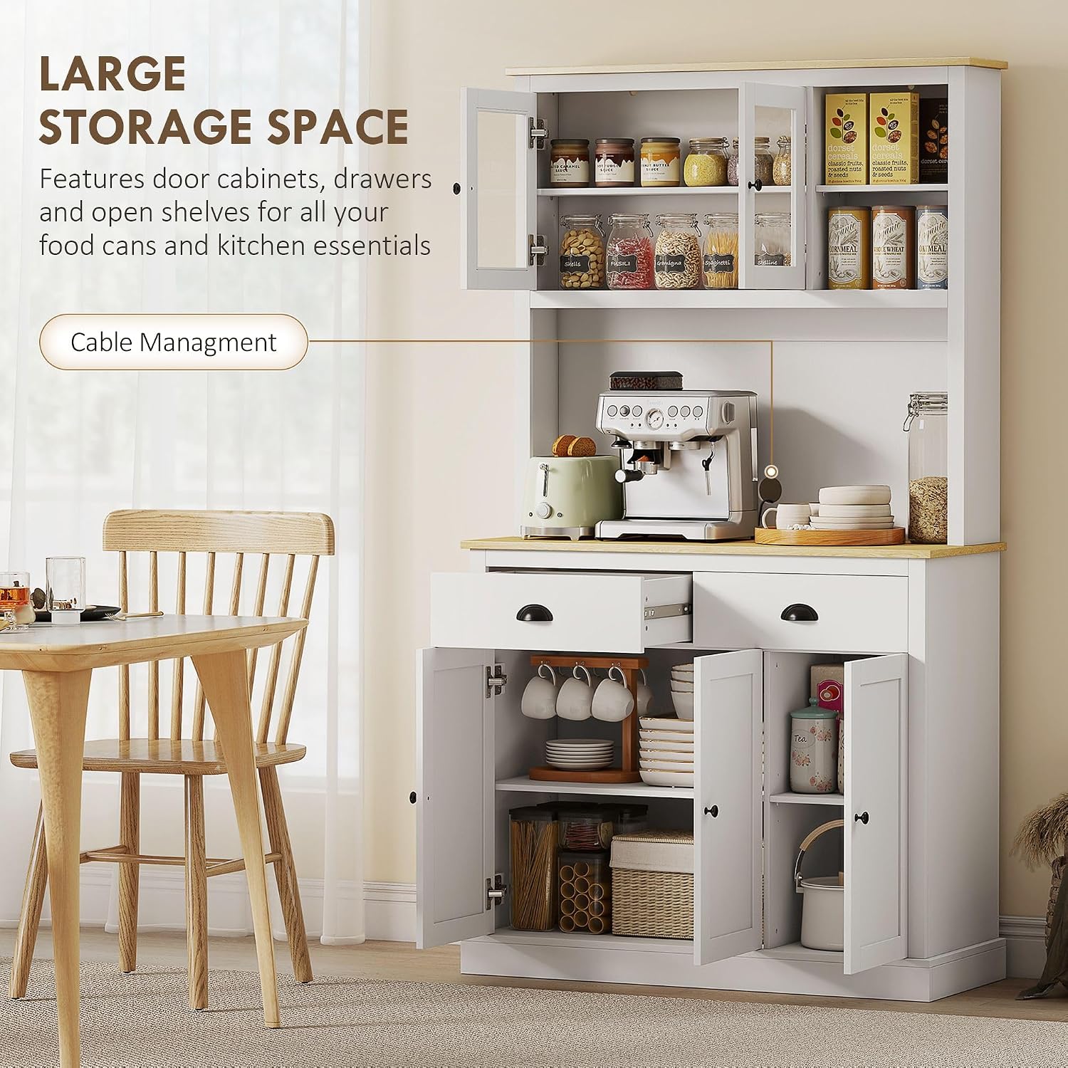 71inch Freestanding Pantry Cabinet — 39.25in Wide, White Finish with Yellow Oak Countertop, 4 Adjustable Shelves, 176lb Max Capacity