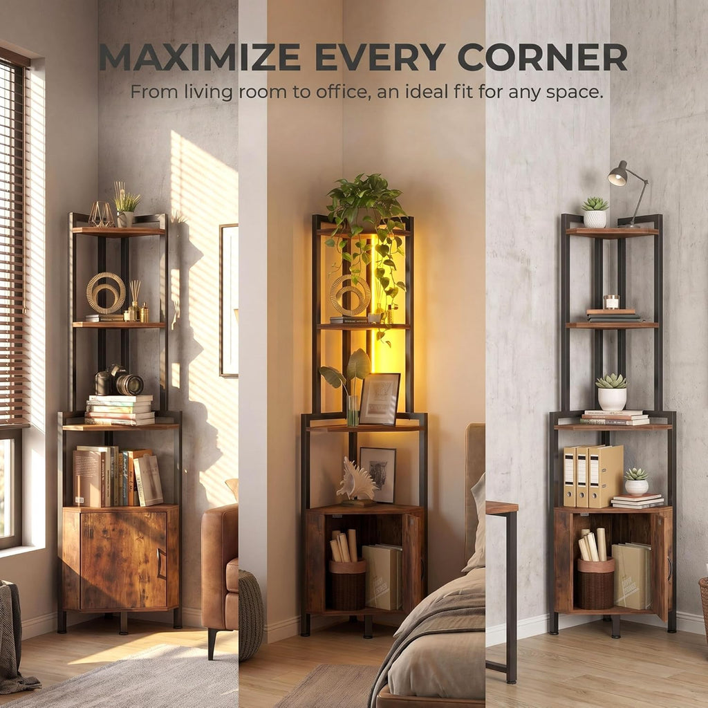 5-Tier LED Corner Cabinet Shelf, Rustic Brown Space-Saving Storage Organizer with Ambient Lighting, Freestanding Modern Farmhouse Shelf for Small Spaces