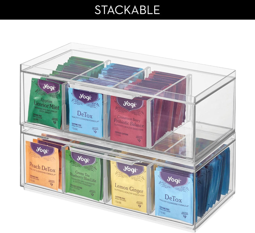 iDesign XL Tea Bag Organizer for Counter, 4-Section Clear Stackable Tea Storage Drawer for Cabinet, 2-Pack