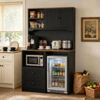 72" Kitchen Pantry Storage Cabinet with Fridge Space, Mini Fridge Cabinet with Charging Station, Large Pantry Cabinet with Drawers, Doors & Shelves, Kitchen Hutch with Microwave Stand, Black