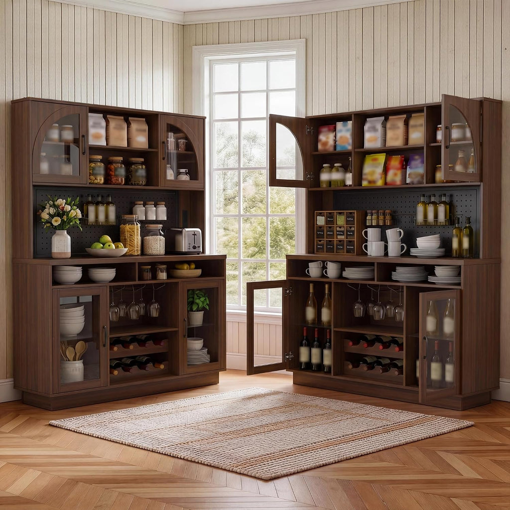 BINGTOO 71" Tall Kitchen Pantry Cabinet with Charging Station, 54" Large Kitchen Hutch with LED Lights & Pegboard, Coffee Bar Cabinet with Wine Rack and Adjustable Shelves (Walnut Brown, 1 Cabinet)