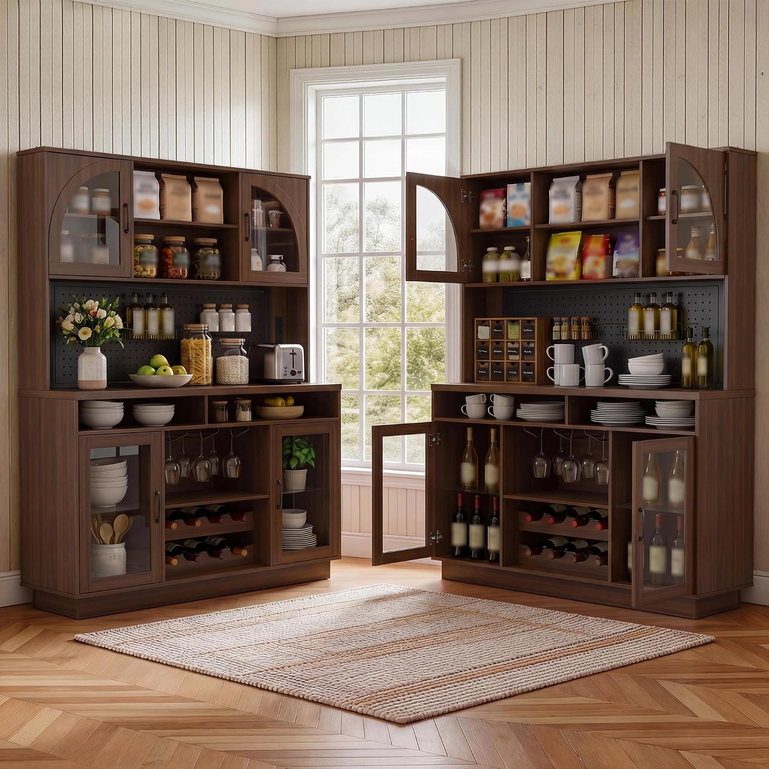 BINGTOO 71" Tall Kitchen Pantry Cabinet with Charging Station, 54" Large Kitchen Hutch with LED Lights & Pegboard, Coffee Bar Cabinet with Wine Rack and Adjustable Shelves (Walnut Brown, 1 Cabinet)