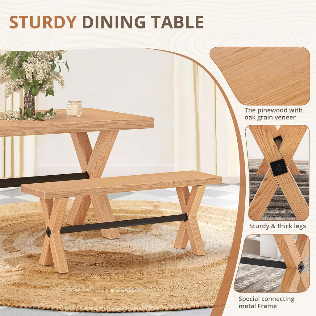 LUE BONA 47 inch Dining Bench with Solid Wood, Farmhouse Kitchen Bench with Natural Wood Grain, Heavy Duty Rectangular Kitchen Dining Chair for Home and Dining Room, Oak Grain-Natural Color