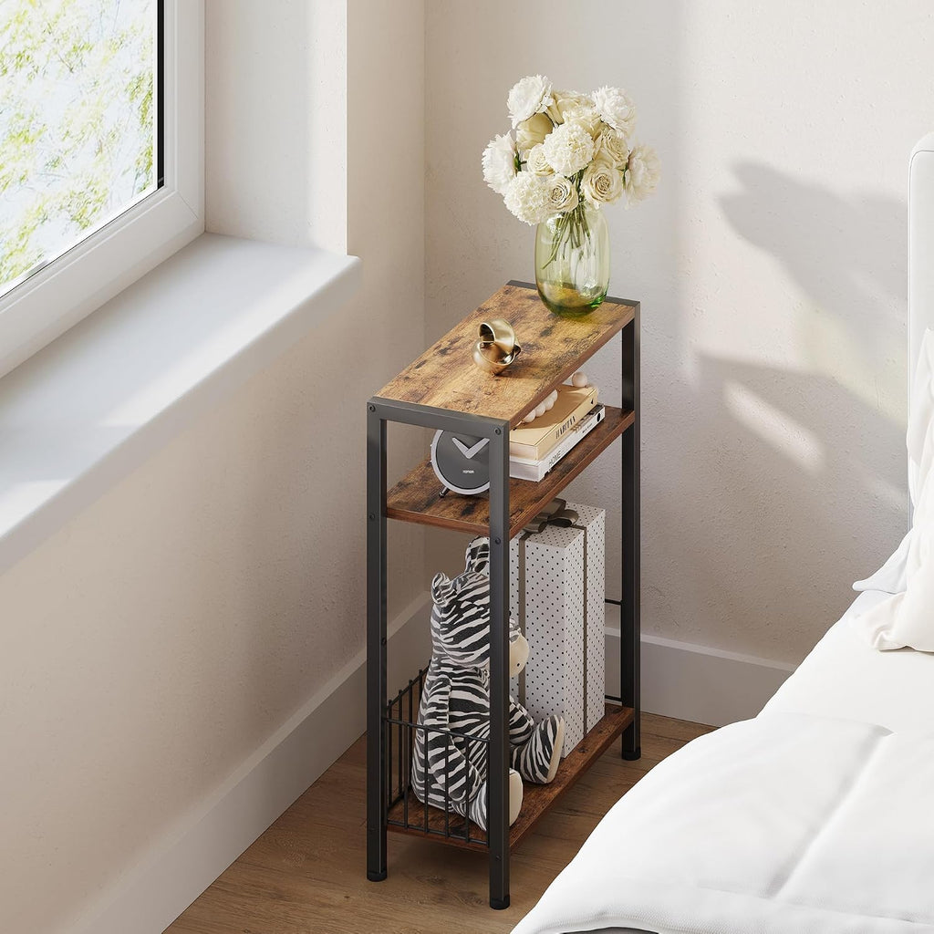 TRIFEBLE Narrow Side Table with Storage Basket, Small End Table for Small Spaces, Slim Sofa Table for Living Room, 3 Tier Bedside Table for Bedroom, Rustic Brown