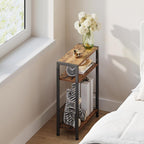 TRIFEBLE Narrow Side Table with Storage Basket, Small End Table for Small Spaces, Slim Sofa Table for Living Room, 3 Tier Bedside Table for Bedroom, Rustic Brown