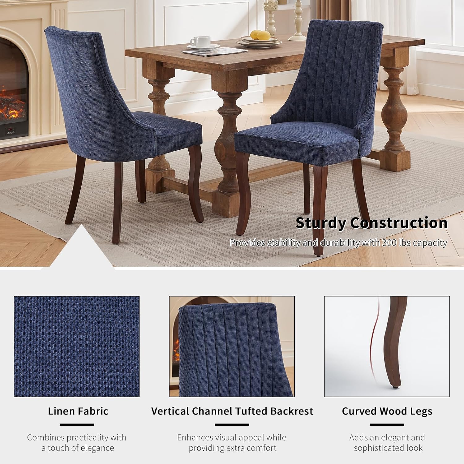 ODUSE-DAILY Navy Mid Century Dining Chairs Set of 4, Modern Kitchen & Dining Room Chairs Set of 4, Linen Upholstered Kitchen Chair, Sillas de Comedor, Wood Legs (Blue, 4 Pcs)