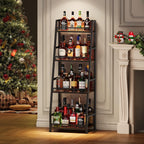 4-Tier Trapezoid Liquor Stand for Home Bar, Stepped Wine Rack Freestanding Floor Liquor Cabinet for Whiskey Wine, Versatile Corner Wine Bottle Display Stand with Fences, Vintage Brown（Patent Pending）
