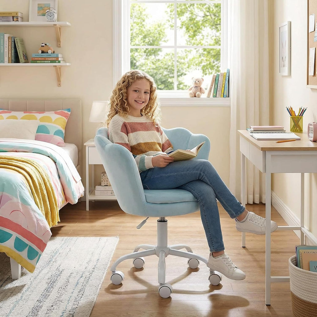 chairus Cute Kids Desk Chair Velvet Living Room Accent Armchair Upholstered Teens Vanity Chair with Seashell Back, Adjustable Swivel Children Study Chair for Computer Homework, Blue