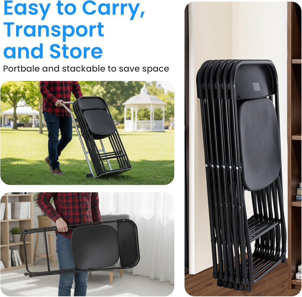 HealSmart 10-Pack Plastic Folding Chair, Portable Chair with Metal Frame, 330lb Capacity, Foldable and Stackable Chairs for Wedding, Party, Picnic, Office, Indoor/Outdoor Dining, Black