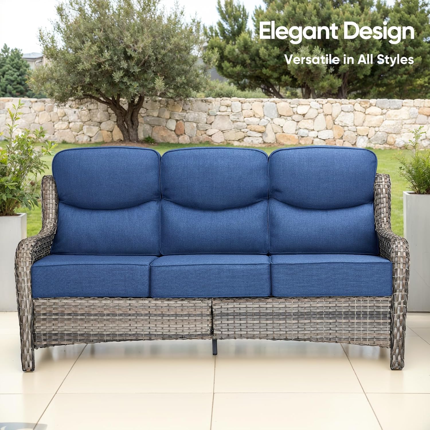 Swivel Patio Chairs sofa Set of 4 with 6" Thick Cushion - Wicker Outdoor Swivel Rocker Patio Chair ,Sofa/Glass coffee table, High Back Comfortable Outdoor Glider Chairs - Grey Wicker | Blue Cushions